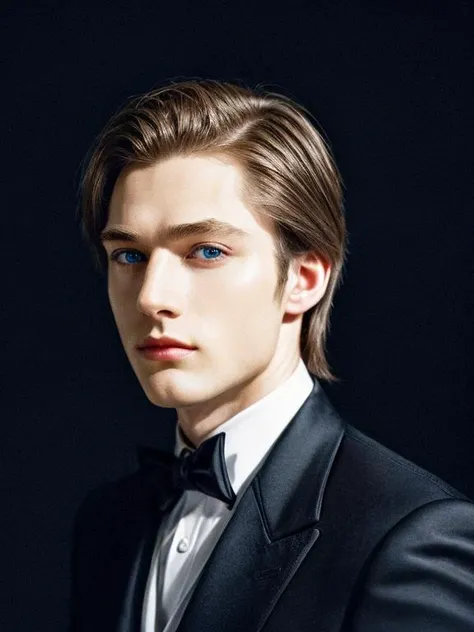 [European blonde (straight hair, blue eyes) {boy | man} in (classic Hollywood glamour)], in a stunning black evening elegant suit, {SFW | NSFW}, [attractive, flirting, looking at viewer], {full body:1.4 | bust:1.2 | portrait:1} with detailed skin (highly detailed), dazzling accessories, luxurious backdrop, velvet curtains, dramatic pose, interesting composition, spotlight illumination, rich shadows, shallow depth of field, sparkling bokeh, exquisite details, high-resolution, 35mm film, timeless elegance, 35mm photography, natural blurry, (HIGH-RESOLUTION RAW photo), (realistic, hyper-realistic:1.3), pristine, intricately detailed, flamboyant masterpiece, ultra- high definition, high resolution, (impeccable shadow), <lora:FilmVelvia2:1>, <lora:more_details:1>