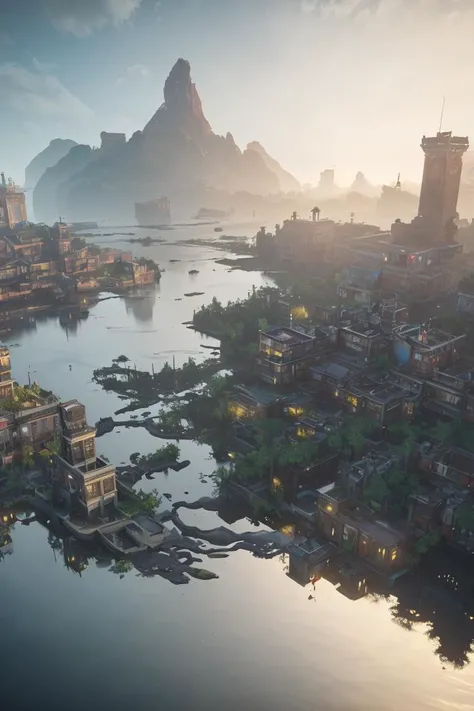 (8k, RAW photo, best quality, masterpiece:1.2), (realistic, photo-realistic:1.37), octane render, ultra high res, ultra-detailed , professional lighting, photon mapping, radiosity, physically-based rendering, ue5, ((island sanctuary)), ((ancient fallen kingdom)), ((reflections in water)), ((raytracing)), ((drowned city))