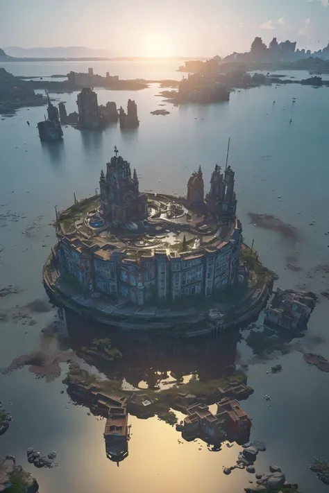 (8k, RAW photo, best quality, masterpiece:1.2), (realistic, photo-realistic:1.37), octane render, ultra high res, ultra-detailed , professional lighting, photon mapping, radiosity, physically-based rendering, ue5, ((island sanctuary)), ((ancient fallen kingdom)), ((reflections in water)), ((raytracing)), ((drowned city))