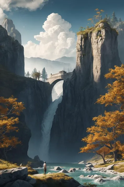 masterpiece, best quality, high quality, extremely detailed CG unity 8k wallpaper, scenery, outdoors, sky, cloud, day, no humans, mountain, landscape, water, tree, blue sky, waterfall, cliff, nature, lake, river, cloudy sky,award winning photography, Bokeh, Depth of Field, HDR, bloom, Chromatic Aberration ,Photorealistic,extremely detailed, trending on artstation, trending on CGsociety, Intricate, High Detail, dramatic, art by midjourney