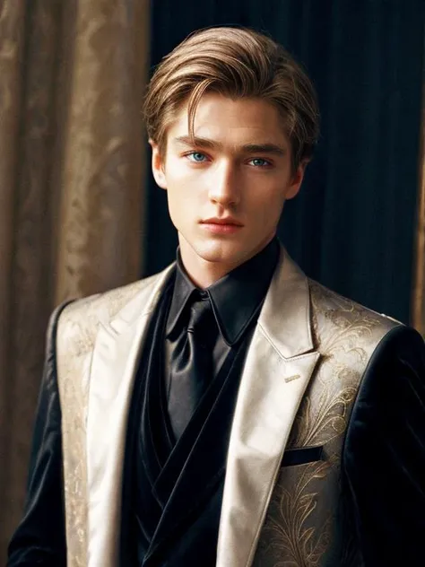 [European blonde (straight hair, blue eyes) {boy | man} in (classic Hollywood glamour)], in a stunning black evening elegant suit, {SFW | NSFW}, [attractive, flirting, looking at viewer], {full body:1.4 | bust:1.2 | portrait:1} with detailed skin (highly detailed), dazzling accessories, luxurious backdrop, velvet curtains, dramatic pose, interesting composition, spotlight illumination, rich shadows, shallow depth of field, sparkling bokeh, exquisite details, high-resolution, 35mm film, timeless elegance, 35mm photography, natural blurry, (HIGH-RESOLUTION RAW photo), (realistic, hyper-realistic:1.3), pristine, intricately detailed, flamboyant masterpiece, ultra- high definition, high resolution, (impeccable shadow), <lora:FilmVelvia2:1>, <lora:more_details:1>