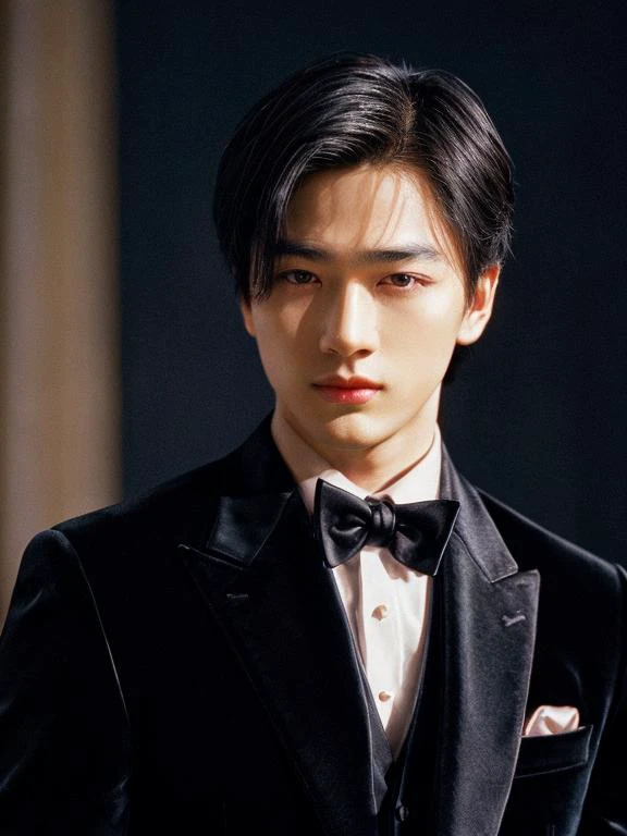 [Asian brunette (black straight hair, brown eyes) boy in (classic Hollywood glamour)], in a stunning black evening elegant suit, {SFW | NSFW}, [attractive, flirting, looking at viewer], {full body:1.4 | bust:1.2 | portrait:1} with detailed skin (highly detailed), dazzling accessories, luxurious backdrop, velvet curtains, dramatic pose, interesting composition, spotlight illumination, rich shadows, shallow depth of field, sparkling bokeh, exquisite details, high-resolution, 35mm film, timeless elegance, 35mm photography, natural blurry, (HIGH-RESOLUTION RAW photo), (realistic, hyper-realistic:1.3), pristine, intricately detailed, flamboyant masterpiece, ultra- high definition, high resolution, (impeccable shadow), <lora:FilmVelvia2:1>, <lora:more_details:1>