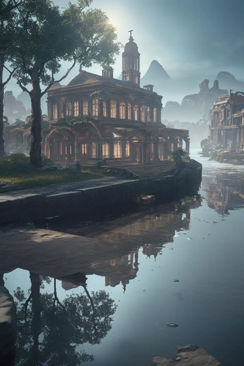 (8k, RAW photo, best quality, masterpiece:1.2), (realistic, photo-realistic:1.37), octane render, ultra high res, ultra-detailed , professional lighting, photon mapping, radiosity, physically-based rendering, ue5, ((island sanctuary)), ((ancient fallen kingdom)), ((reflections in water)), ((raytracing)), ((drowned city))