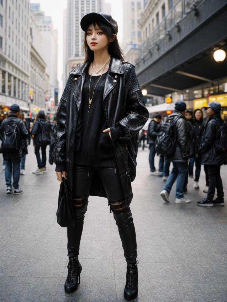 [Beautiful human in the city with rebellious {hype | techwear | hiphop} outfit], (full body:1.4) with detailed skin (highly detailed), highly-detailed clothes {gadgets | chains | hats | backpacks}, modern materials {leather | synthetic | luxury fabrics}, dynamic pose, interesting composition, natural illumination, rich shadows, shallow depth of field, realistic bokeh, exquisite details, high-resolution, 35mm film, timeless elegance, 35mm photography, natural blurry, (HIGH-RESOLUTION RAW photo), (realistic, hyper-realistic:1.3), pristine, intricately detailed, flamboyant masterpiece, ultra- high definition, high resolution, (impeccable shadow), <lora:FilmVelvia2:1>, <lora:more_details:1>