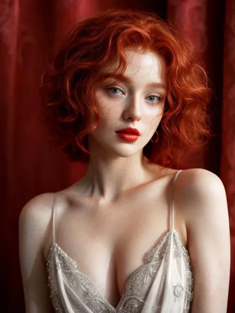 [Redhead (red curly hair, freckles, green captivating eyes, red lips, flawless skin) girl in (classic Hollywood glamour)], in a stunning red evening gown, {SFW|NSFW}, [attractive, flirting, looking at viewer], {full body:1.4 | bust:1.2 | portrait:1} with detailed skin (highly detailed), dazzling accessories, luxurious backdrop, velvet curtains, dramatic pose, interesting composition, spotlight illumination, rich shadows, shallow depth of field, sparkling bokeh, exquisite details, high-resolution, 35mm film, timeless elegance, 35mm photography, natural blurry, (HIGH-RESOLUTION RAW photo), (realistic, hyper-realistic:1.3), pristine, intricately detailed, flamboyant masterpiece, ultra- high definition, high resolution, (impeccable shadow), <lora:FilmVelvia2:1>, <lora:more_details:1>