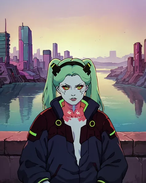 score_9, score_8_up, score_7_up, zPDXL, <lora:Fire_and_Ice_Style:1>FAIStyle, retro artstyle, painting (medium), <lora:Rebecca_Pony:0.90>1girl, green hair, colored skin, rebecca (cyberpunk), colored sclera, twintails, headgear, black jacket, lake, cityscape, cyberpunk city