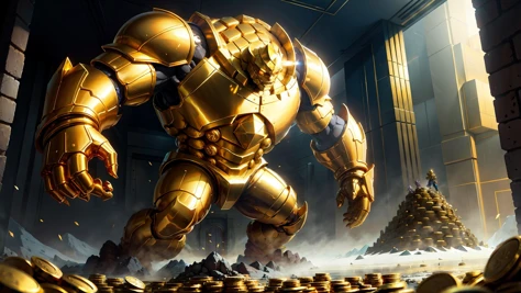 <lora:golem:0.3> gold golem, standing over a mountain of coins, bank vault, (best-quality:0.8), perfect anime illustration