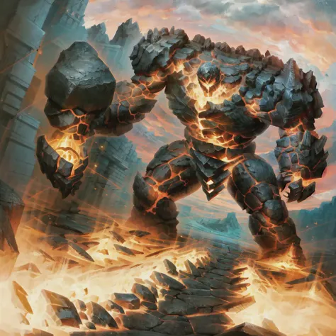 masterpiece, best quality, high resilution, humaniod lava golem , large arm , spikes on his shoulders, fire