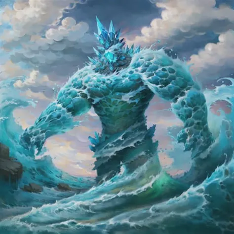 masterpiece, best quality, high resilution, water golem, ocean, spikes on his body, crystal head
