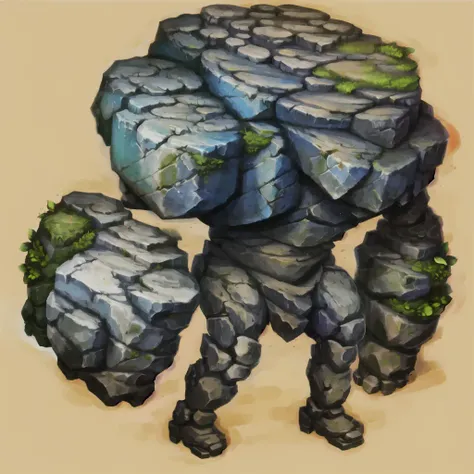 masterpiece, best quality, high resilution, stone golem, moss on body, rings on wrists, large arm