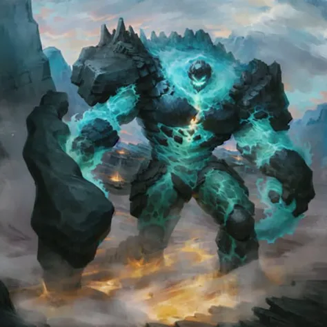 masterpiece, best quality, high resilution, lava water golem, large arm, on the moutain,