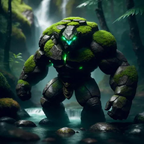 An Earth Elemental possesses a sturdy and imposing physique, resembling a humanoid figure made from rough solid rock. Its body is composed of rugged, earthy textures and massive proportions, conveying a sense of immense strength.
The elemental's body exhibits a range of earthy hues, including shades of brown, gray, and mossy green. Its appearance often mimics the natural elements found in its surroundings, enabling it to blend seamlessly into rocky terrain or forest landscapes.
Within the elemental's body, crystalline formations can be seen, adding a touch of shimmering beauty to its rugged exterior. These crystalline growths may resemble geodes or gemstones, catching and reflecting light as they accentuate the elemental's powerful presence.
wearing a moss cloak near a waterfall in a forest glen, (Extremely Detailed Oil Painting:1.2), glow effects, godrays, Hand drawn, render, 8k, octane render, cinema 4d, blender, dark, atmospheric 4k ultra detailed, cinematic sensual, Sharp focus, humorous illustration, big depth of field, Masterpiece, colors, 3d octane render, 4k, concept art, trending on artstation, hyperrealistic, Vivid colors, extremely detailed CG unity 8k wallpaper, trending on ArtStation, trending on CGSociety, Intricate, High Detail, dramatic <lora:golem:0.4>