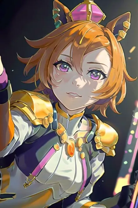 masterpiece, cyberpunk, neon, best quality, original, extremely detailed, intricate details, high resolution, dynamic posture, dynamic angle, zoom out, full body

<lora:opera o:0.8>, cyborg girl, short curvy hair, orange hair, orange animal_ears, purple eyes, hair ornament, wearing a little crown, floating in the air, reaching_towards_viewer

the background is a cyberspace