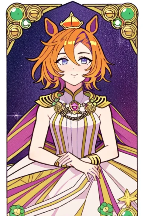 artwork by Mucha, tarot card, masterpiece, best quality, extremely detailed, original, dynamic posture, dynamic angle, full body
umamusume, (1girl), <lora:opera o:0.8>, short curvy hair, orange hair, orange animal_ears, hair ornament, wearing a little crown, in splendid gown