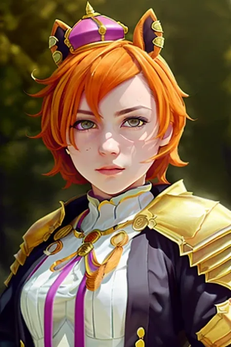 masterpiece, best quality, original, epic portrait, extremely detailed, intricate details, high resolution, dynamic posture, dynamic angle, zoom out, full body
<lora:opera o:0.8>, 1girl, short curvy hair, orange hair, orange animal_ears, purple eyes, hair ornament, wearing a little crown, wearing an armor, holding a sword