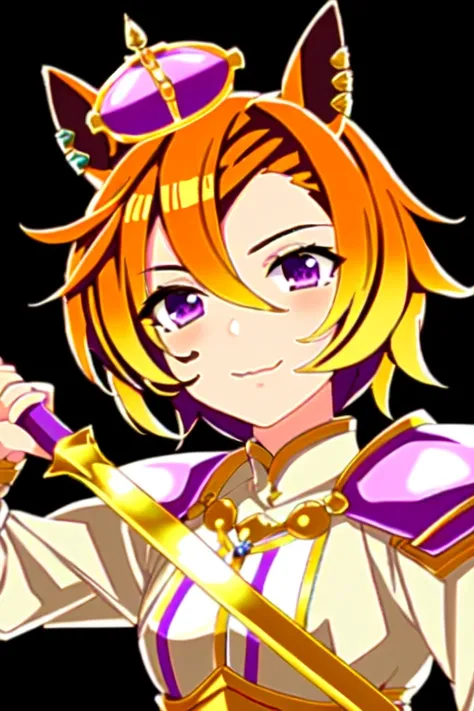 masterpiece, best quality, extremely detailed, intricate details, high resolution, dynamic posture, dynamic angle
<lora:opera o:0.8>, 1girl, short curvy hair, orange hair, orange animal_ears, purple eyes, hair ornament, wearing a little crown, wearing an armor, holding a sword