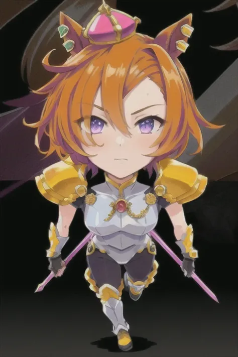 masterpiece, cyberpunk, neon, best quality, original, epic portrait, extremely detailed, intricate details, high resolution, dynamic posture, dynamic angle, zoom out, full body
<lora:opera o:0.8>, 1girl, short curvy hair, orange hair, orange animal_ears, purple eyes, hair ornament, wearing a little crown, wearing an armor, holding a sword