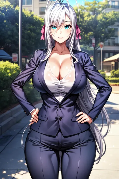 best quality, masterpiece, 1girl, raytracing, ultra detailed,detailed face, 8k wallpaper, (wide hips:1.2), <lora:more_details:0.5>, Rossweisse_NDV, 1girl, grey hair, large breasts, long hair, aqua eyes, trousers, jacket, shirt, collar, cleavage, hair ribbon, antenna hair, hands on hips, smile, outdoor,  <lora:Rossweisse_NDV:0.7>