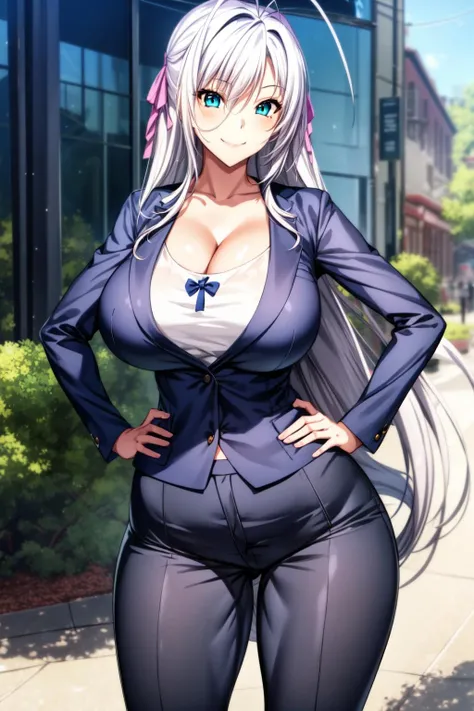 best quality, masterpiece, 1girl, raytracing, ultra detailed,detailed face, 8k wallpaper, (wide hips:1.2), <lora:more_details:0.5>, Rossweisse_NDV, 1girl, grey hair, large breasts, long hair, aqua eyes, trousers, jacket, shirt, collar, cleavage, hair ribbon, antenna hair, hands on hips, smile, outdoor, <lora:Rossweisse_NDV:0.7>
