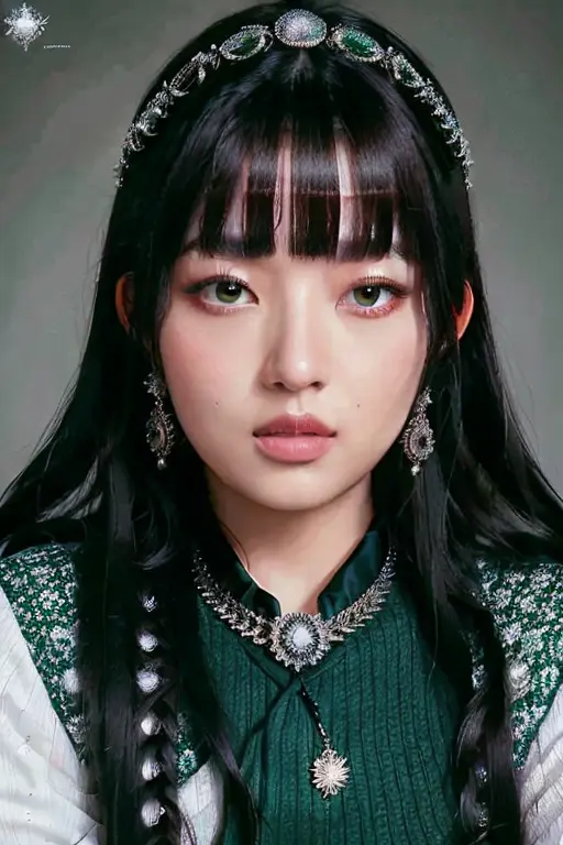 a beautiful empress portrait, black hair, perfect eyes, clothes Santa robes, everything Christmas, snow, symmetrical, dramatic studio lighting, rococo, baroque, greens, asian, hyperrealism, closeup, D&D, fantasy, intricate, elegant, highly detailed, digital painting, artstation, octane render, 8k, concept art, matte, sharp focus