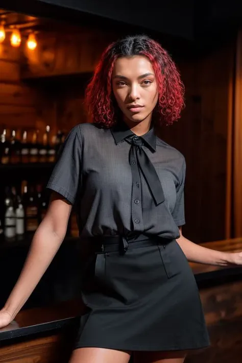 DEN_letipeti_SG,
(working in a dark atmospheric bar, working behind the bar, pulling pints, bar, dark wood bar, atmospheric, wearing a shirt and tie and skirt:1.2),
bokeh, f1.4, 40mm, photorealistic, raw, 8k, textured skin, skin pores, intricate details <lora:epi_noiseoffset2:1>, epiCRealism <lora:ClothingAdjuster3:-1>