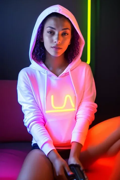 DEN_letipeti_SG,
(sitting at a computer wearing headphones and playing games (holding a controller:1.2) wearing a (hoodie:1.2) in a (neon lit room:1.3), (gamer:1.2), gaming, (gamer girl:1.3), games, (purple lighting, neon:1.2):1.2),
bokeh, f1.4, 40mm, photorealistic, raw, 8k, textured skin, skin pores, intricate details <lora:epi_noiseoffset2:1>, epiCRealism <lora:ClothingAdjuster3:-1>