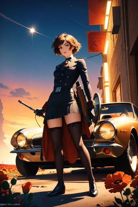 1girl, (by Eliseu Visconti:1.2) , masterpiece Flat 2D Art, (Bronze theme:0.7) , full body shot of a Preppy ([Pulsar|Chevrolet]:1.3) , the Chevrolet is very Scaly and Detailed, it is in a Mad Max setting, it is anthropomorphic with a face, centered Explosive background, Violet lava pit with Poppies, Snowy, deep focus, Detailed illustration, Joyful, Hardcore Art, Dramatic spotlight, Depth of field 270mm, Technicolor, Decals, vintage, Highres, wallpaper, 1920's, retro