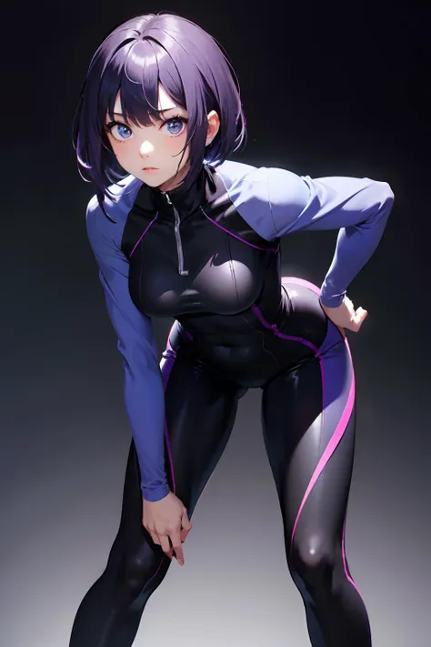 1girl,bodysuit,muscular female,purple hair,short hair,simple background,black background,long sleeves,leaning forward,medium breasts,less,expressionless,, (best quality, masterpiece:1.2),