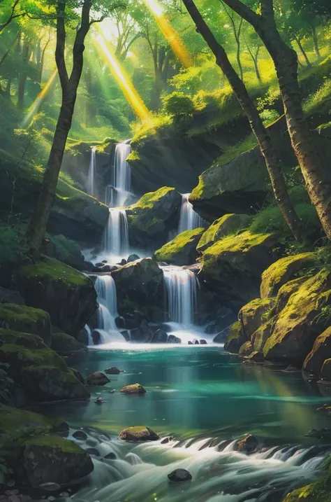 waterfall, river, forest, (sunrays), vibrant color, shimmering effect, (particles), masterpiece, high quality, extremely detailed, 8k wallpapper, (UHD), beautifully shot, highly detailed, beautiful and fine art, art photography