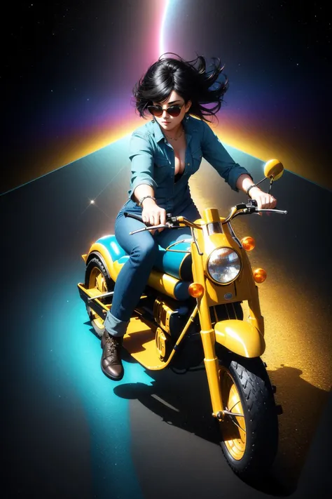 1girl, 8k Renderman, Printcore, Golden ratio, wide angle of a dressed in a very Alluring Lime green Cossack Galaxy Maxi dress and denim shirt, Grumpy Abandoned ([Mammoth:Trike:4]:1.3) , it is Speaking in public, vogue pose, complex Primary Colors background, dark yellow reeds and Perseus constellation in background, Hurricane, Wide view, scene art, (designed by Robert Hagan:1.1) , (Hedi Slimane:0.8) , (Robby Cavanaugh:1.1) , Dynamic, Energetic, dramatic lighting, 50mm, anaglyph effect, Acid colors dust particles, Peach details, High quality, Concept Art World