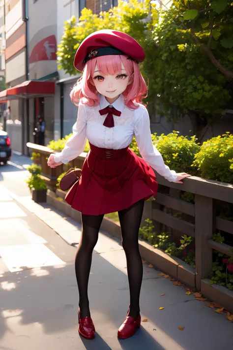 beautiful, masterpiece, best quality, extremely detailed face, perfect lighting,1girl, petite, black_legwear, standing, MOMO Mizrahi, small breasts, full_body, red beret, pantyhose, pink_hair, shoes, smile, solo   <lora:Momo136:1>