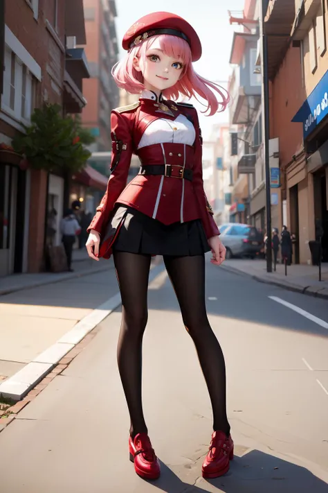 beautiful, masterpiece, best quality, extremely detailed face, perfect lighting,1girl, petite, black_legwear, standing, MOMO Mizrahi, small breasts, full_body, red beret, pantyhose, pink_hair, shoes, smile, solo   <lora:Momo136:1>