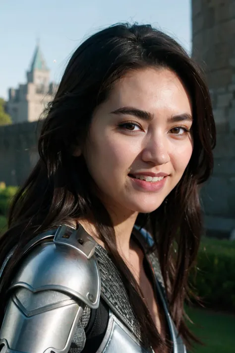 <lora:j3ss_v1:0.8>, j3ss, Nikon RAW photo,8k,Fujifilm XT3, ultra detailed, solo, close up portrait, a woman wearing medival armour, castle in background, holding sword, smiling