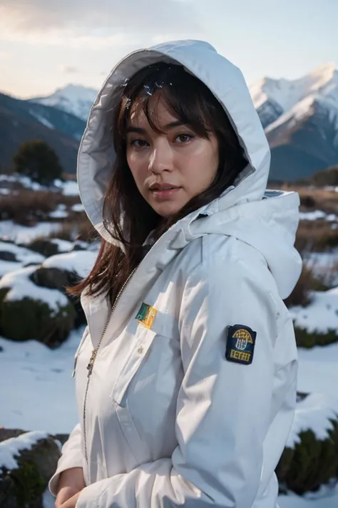 <lora:j3ss_v1:0.8>, j3ss, Nikon RAW photo,8k,Fujifilm XT3, ultra detailed, solo, close up portrait, a woman with bangs standing in the snowy mountains, wearing winter jacket with hood