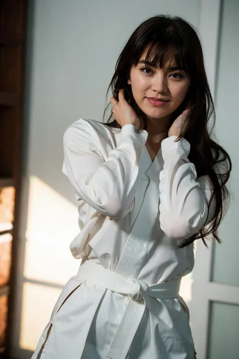 <lora:j3ss_v1:0.8>, j3ss, Nikon RAW photo,8k,Fujifilm XT3, ultra detailed, solo, close up portrait, a woman with bangs, wearing karate outfit, black belt, in a dojo, smiling