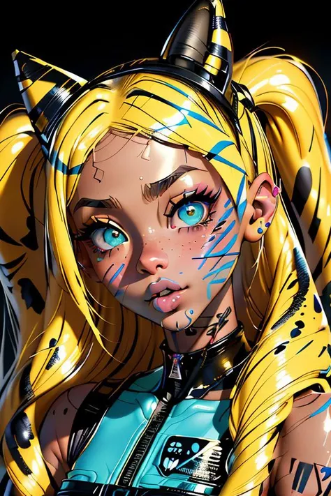 lush 1girl, ((puffy lips)), ((pronounced cheek bones)), red cheeks, tattoos, 3d, cgi, ((freckles)), blush, make up, toy, doll, robot, android woman, dark, high contrast, oily face with glare, thick hairy eye brows, double lush, strong colors, sexy, large blue and green eyes, neck band, messy, drawn by hand,