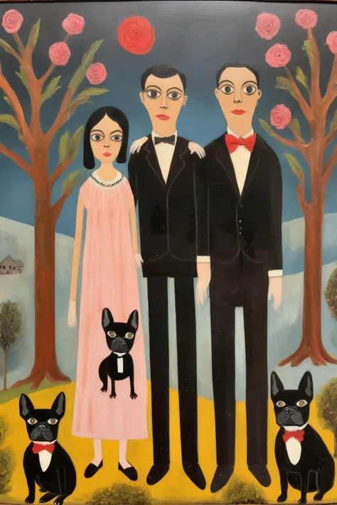 <lora:Folk Art:1>Folk Art - outsider art family portrait father mother daughter french bulldog and tuxedo cat