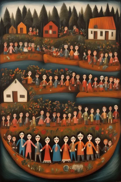 <lora:Folk Art:1>Folk Art - a painting in the style of Folk Art, in which a group of people come together to help one another