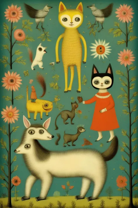 <lora:Folk Art:1>Folk Art - make me a beautiful vintage illustration with anthropomorphic animals, cute and Kawaii, Mark Ryden and Maurice Sendak style