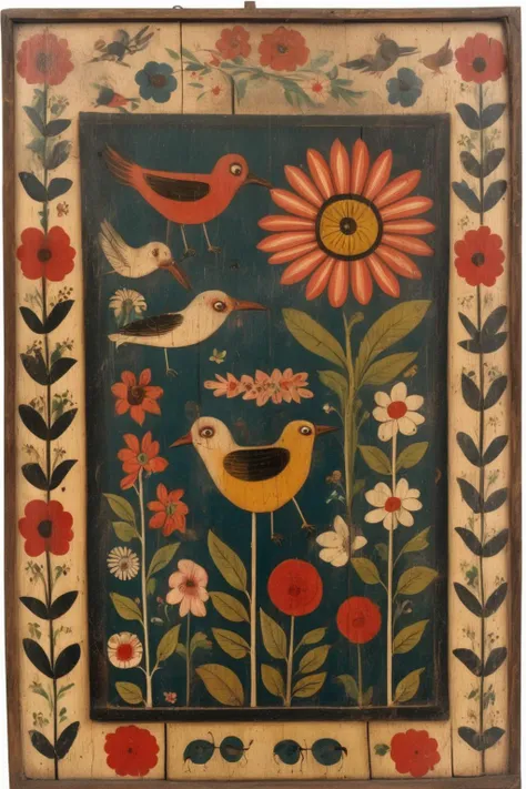 <lora:Folk Art:1>Folk Art - Folk art sign with flowers, birds and insects, Made of wood. Middle third of image to be uncluttered and wood effect only