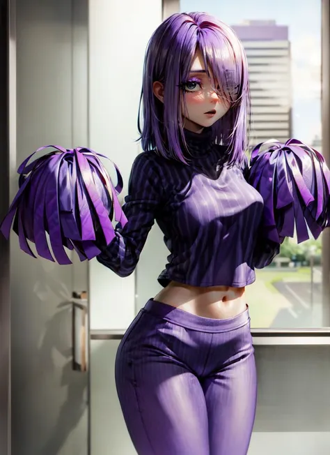 ((best quality)), ((highly detailed)), , <lora:more_details:.7>, (1girl), Perspective distortion, dynamic pose, upper body, ((cheerleader uniform, pom_pom_(\cheerleading\))), <lora:ch-lily-duolingo:.9>, purple hair, medium hair, hair over one eye, purple eyeshadow, thick eyelashes, blunt ends, blunt bangs, purple ribbed sweater, purple pants, (inside, in an elevator), <lora:Nyl2_Style-DEF:.75>, nyl2_style