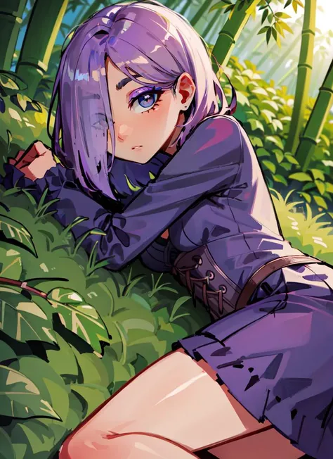 ((best quality)), ((highly detailed)), masterpiece, absurdres, extremely detailed face, beautiful face, (detailed eyes, deep eyes), (1girl), fisheye lense, lying, on side, <lora:ch-lily-duolingo:.9>, purple hair, medium hair, hair over one eye, purple eyeshadow, thick eyelashes, blunt ends, blunt bangs, purple clothes, frilled corset, (outdoors, in a bamboo forest, morning, sunrise)