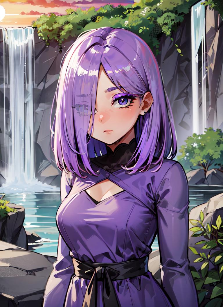 Anime girl with purple hair and purple dress standing in front of a ...