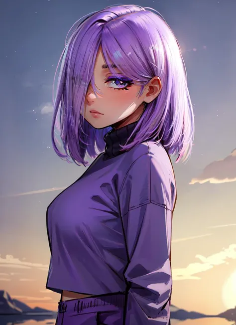 ((best quality)), ((highly detailed)), masterpiece, absurdres, (detailed eyes, deep eyes), (1girl), from the side, upper body, <lora:hairdetailer:.9>, <lora:ch-lily-duolingo:.9>, purple hair, medium hair, hair over one eye, purple eyeshadow, thick eyelashes, blunt ends, blunt bangs, purple sweater, purple pants, (outdoors, at a glacier, morning, sunrise)