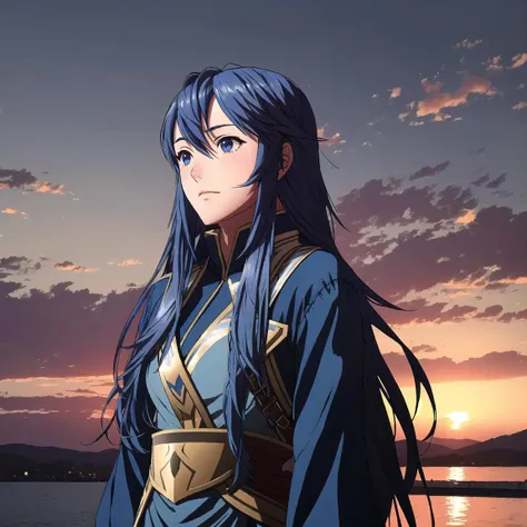 FE13, FE16, FE13-Style, Fire Emblem, Fire Emblem Awakening, sunrise, light top left, Lucina, 1 girl, Blue hair, Blue eyes, r, Very Long Hair, Streaked Hair, Dark Blue Hair, (Happy:1.2)