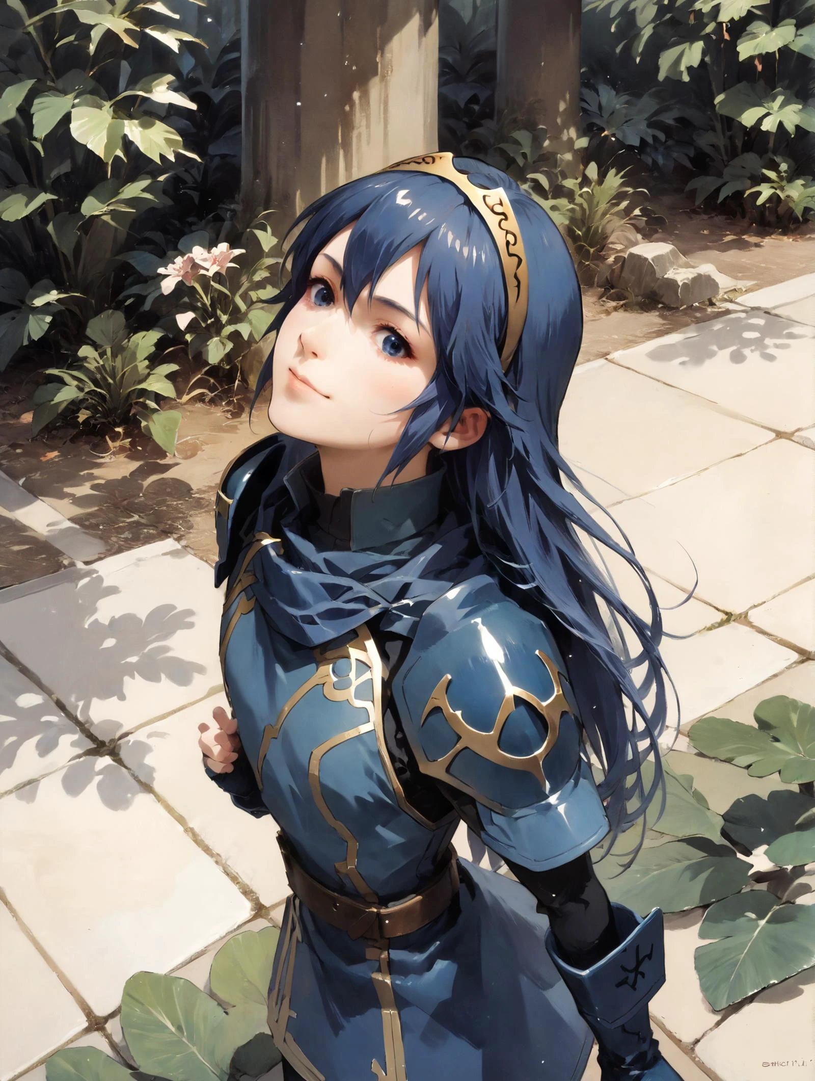 (score_9,score_8_up,score_7_up,score_6_up),concept art,high res,source anime,super fine illustration,detailed lines,<lora:MeMaXL_V3:0.7>,BREAK,
1girl,lucina,solo,<lora:lucina-xl-nvwls-v1:1>,short stature,(detailed face:1.4),delicate face,Dainty facial structure,detailed eyes,big pupiles,big eyes,beautiful face,(milf:0.3),(deep blue hair:1.3),(long hair),young,defLucy, tiara, shoulder armor, long sleeves, cuffs, belt, fingerless gloves,(black pantyhose), thigh boots,
smaller head,extremely detailed nose,beautiful nose,gentle,smile,
perfect anatomy,
horizon,blowing wind,wildness,(blue sky),floating hair,under a tree, reflections,look back,turning,
from above,dynamic angle,uncensored,dynamic pose,w4t3rc0l0ur,
<lora:add-detail-xl:1.3> ,<lora:aesthetic_anime_v1s:1>,<lora:Expressive_H:0.8>,<lora:DetailedEyes_V3:0.8>, <lora:w4t3rc0l0urXLP:0.4>,<lora:ghibli_style_offset:0.2>, zPDXLxxx,<lora:1dkXLP:0.15>, <lora:Yutaka Izubuchi_XL_PONY:0.9>, <lora:Haruhiko Mikimoto_XL:0.5>