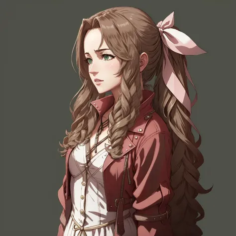 masterpiece, best quality, FE13-Style, fe13, Fire Emblem, Fire Emblem Awakening, aerith gainsborough, cropped jacket, hair bow, pink dress, portrait, simple background <lora:FE13 Style v2:0.65> <lora:aerith-nvwls-v1-final:0.9>