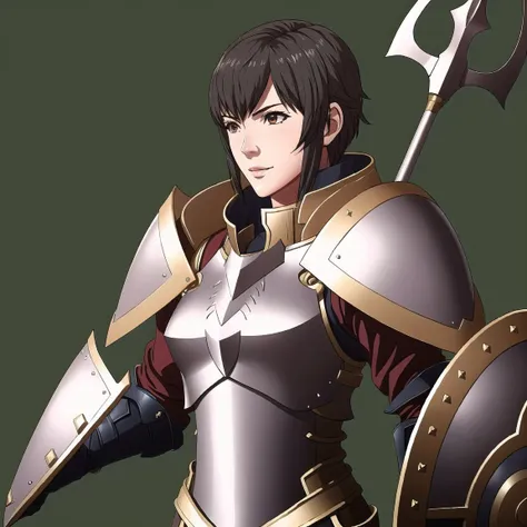 FE13, FE13-Style, Fire Emblem, Fire Emblem Awakening, smile, Kjelle (Fire Emblem), Kjelle (Fire Emblem: Awakening), 1girl, solo, armor, weapon, polearm, shield, short hair, breastplate, pauldrons, grey eyes, brown hair, shoulder armor, upper body, lance, spear, lips, black hair