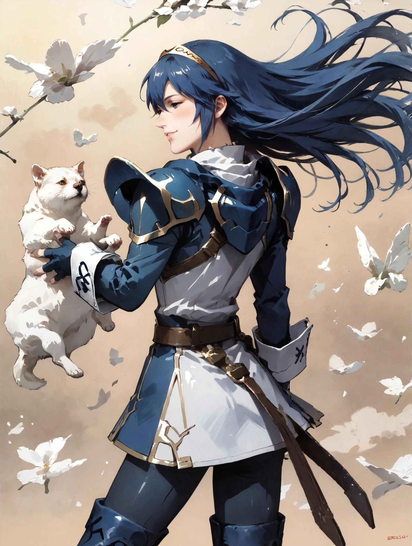 (score_9,score_8_up,score_7_up,score_6_up),concept art,high res,source anime,super fine illustration,detailed lines,<lora:MeMaXL_V3:0.7>,BREAK,
1girl,lucina,<lora:lucina-xl-nvwls-v1:1>,short stature,(detailed face:1.4),(half-closed eyes),delicate face,Dainty facial structure,detailed eyes,big pupiles,big eyes,beautiful face,(milf:0.3),(deep blue hair:1.3),(long hair),18yo,defLucy, tiara, shoulder armor, long sleeves, cuffs, belt, fingerless gloves,(black pantyhose), thigh boots,
smaller head,extremely detailed nose,beautiful nose,blush,gentle,smile,
perfect anatomy,
wind,wildness,blue sky,floating hair,look back,
dynamic angle,uncensored,dynamic pose,w4t3rc0l0ur,
<lora:add-detail-xl:1.3> ,<lora:aesthetic_anime_v1s:1>,<lora:Expressive_H:0.8>,<lora:DetailedEyes_V3:0.8>, <lora:w4t3rc0l0urXLP:0.4>,<lora:ghibli_style_offset:0.2>, zPDXLxxx,<lora:1dkXLP:0.15>, <lora:Yutaka Izubuchi_XL_PONY:0.9>, <lora:Haruhiko Mikimoto_XL:0.5>