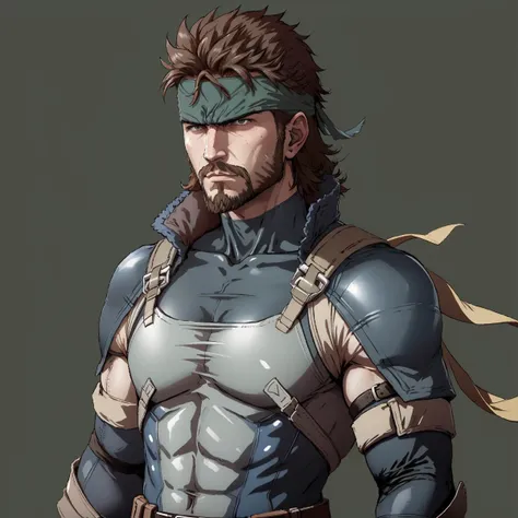 masterpiece, best quality, FE13-Style, fe13, Fire Emblem, Fire Emblem Awakening, solid snake, headband, blue bodysuit, facial hair, furrowed brow, looking at viewer, portrait, simple background <lora:FE13 Style v2:0.65> <lora:solidsnake-nvwls-v1-final:1>